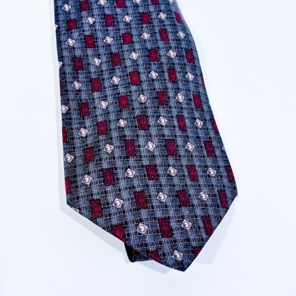 GIANNI FILACCI Grey Red Geometric Pattern 100% Silk Necktie